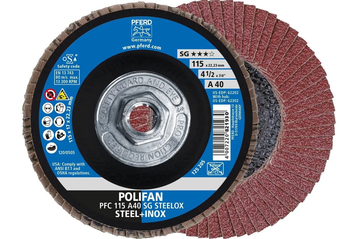 Picture of Pferd Flap Disc, 4-1/2" x 5/8-11, A SG Steelox, 40 Grit, T29, Conical, Aluminum oxide